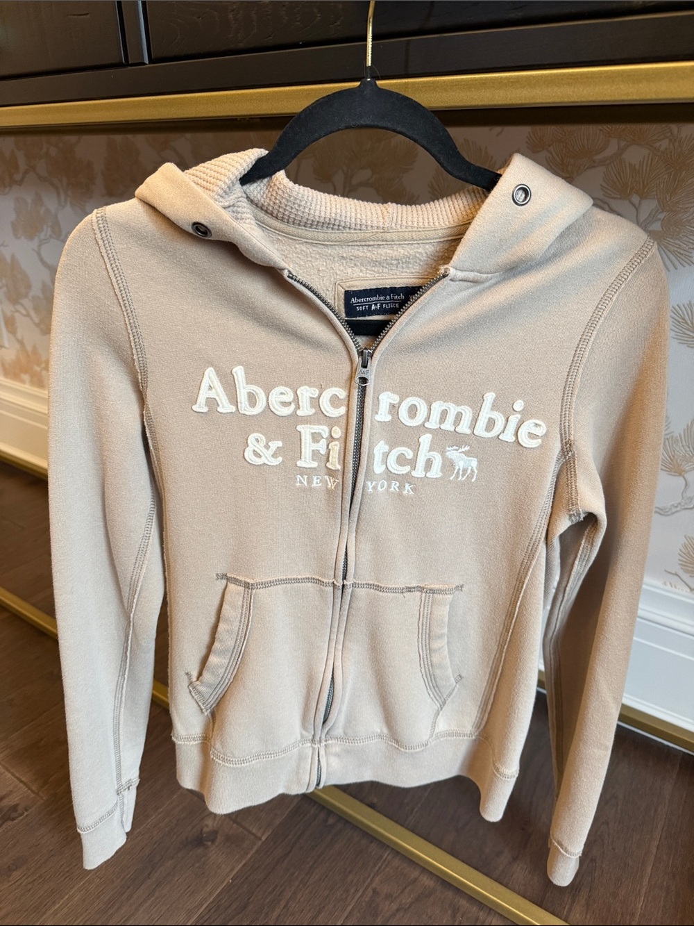 Abercrombie & Fitch Tan Full-Zip Hoodie with White Logo